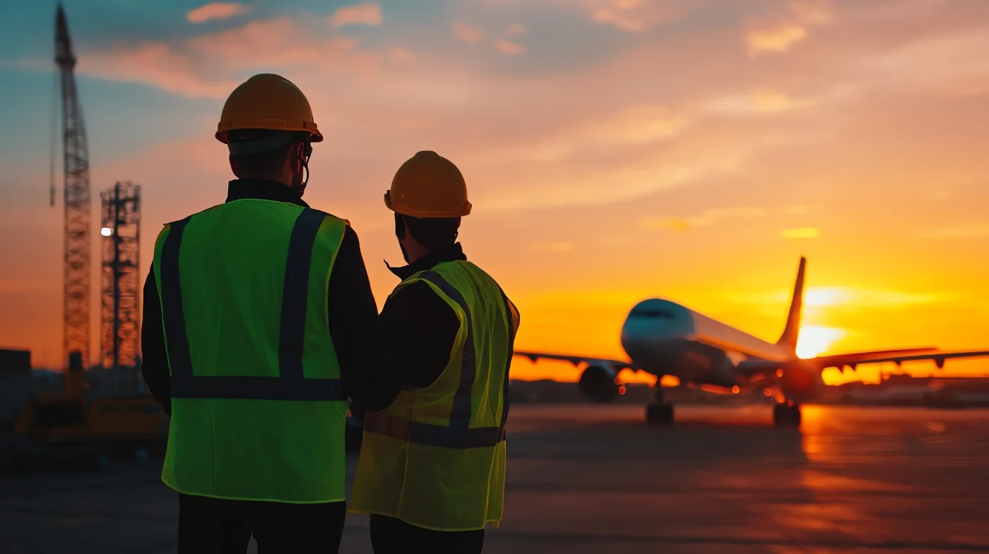 Two construction workers in high-visibility vests watching an aircraft take off at sunset