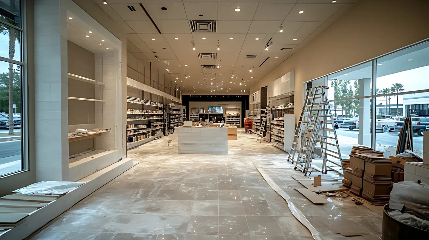 Retail store interior mid-build with fixtures, shelving and a ladder on the sales floor
